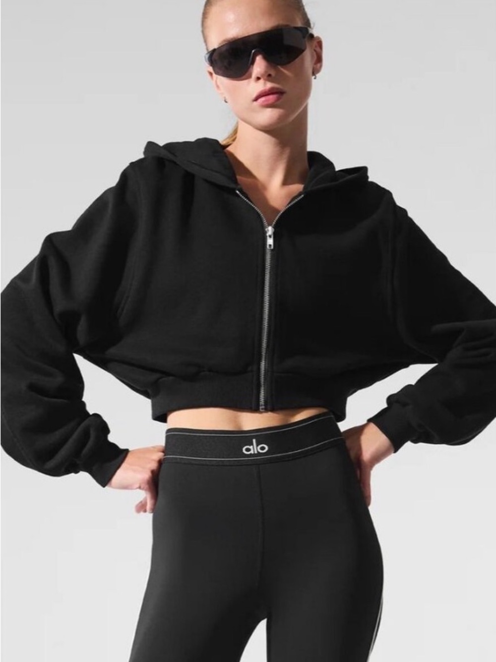 ALO Yoga Black Cropped Zip Hoodie with Hood